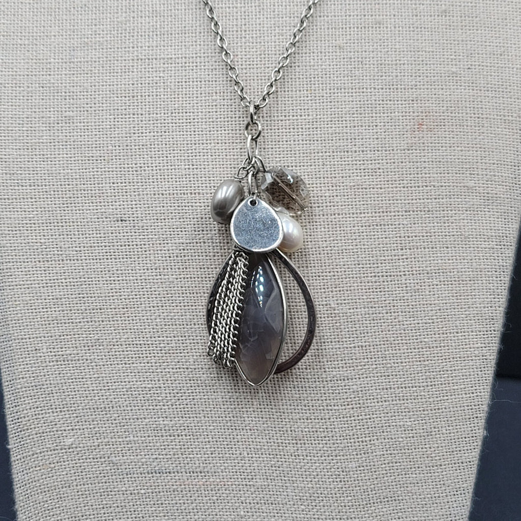 LOFT Pendant Necklace Silver tone Gray Stone Pearl LONG 32"