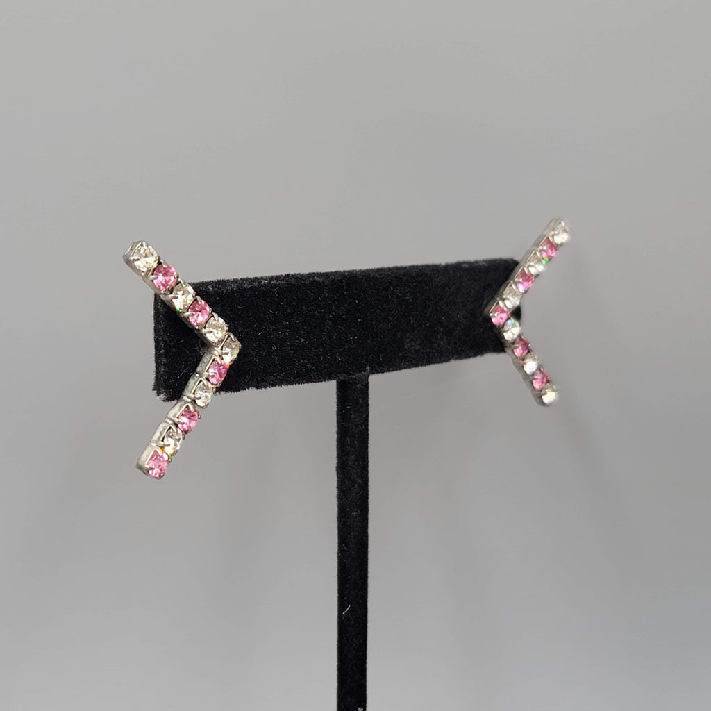 Pink Clear Rhinestones Pierced Earrings Silver tone Drop 1"
