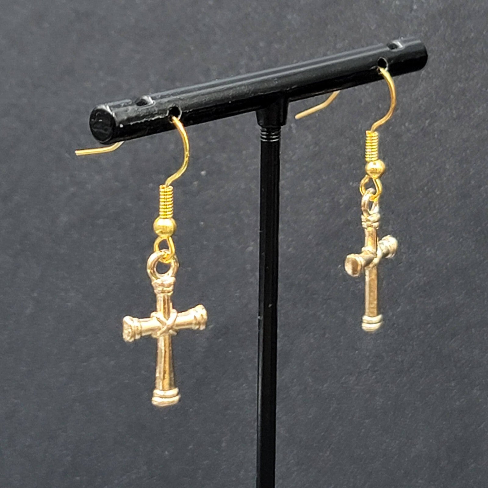 Cross Pierced Earrings Gold tone Dangle 3/4"