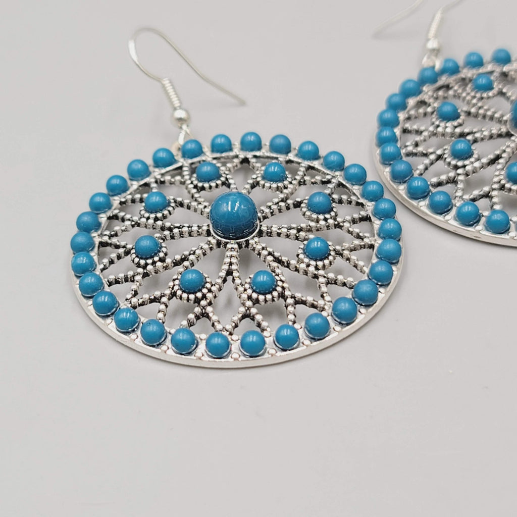 Round Blue Bead Dangle Pierced Earrings Silver Tone Statement 1.5"