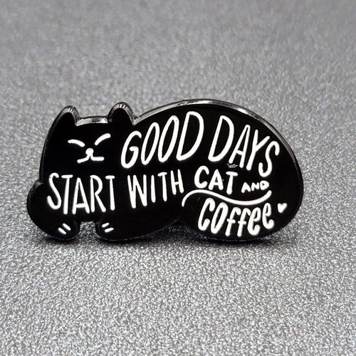 Black Cat Enamel Lapel Hat Pin Good Days start with Cat and Coffee 1 1/8"