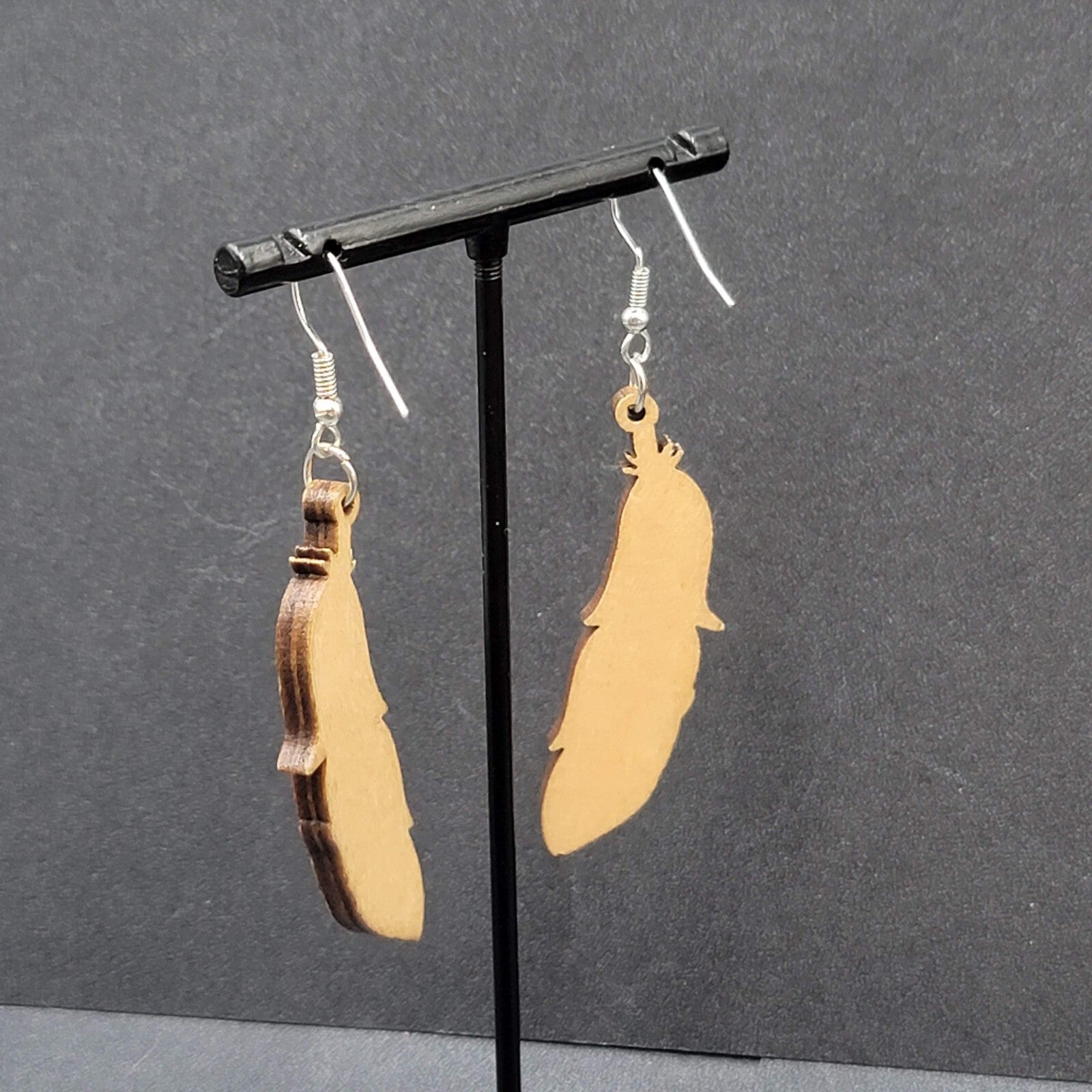New Boho Pierced Earrings Wood Cut Feather Multicolor Dangle 2"