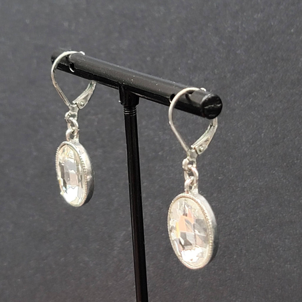 Pierced Earrings Silver tone Faceted Oval Glass Signed Dangle 3/4"