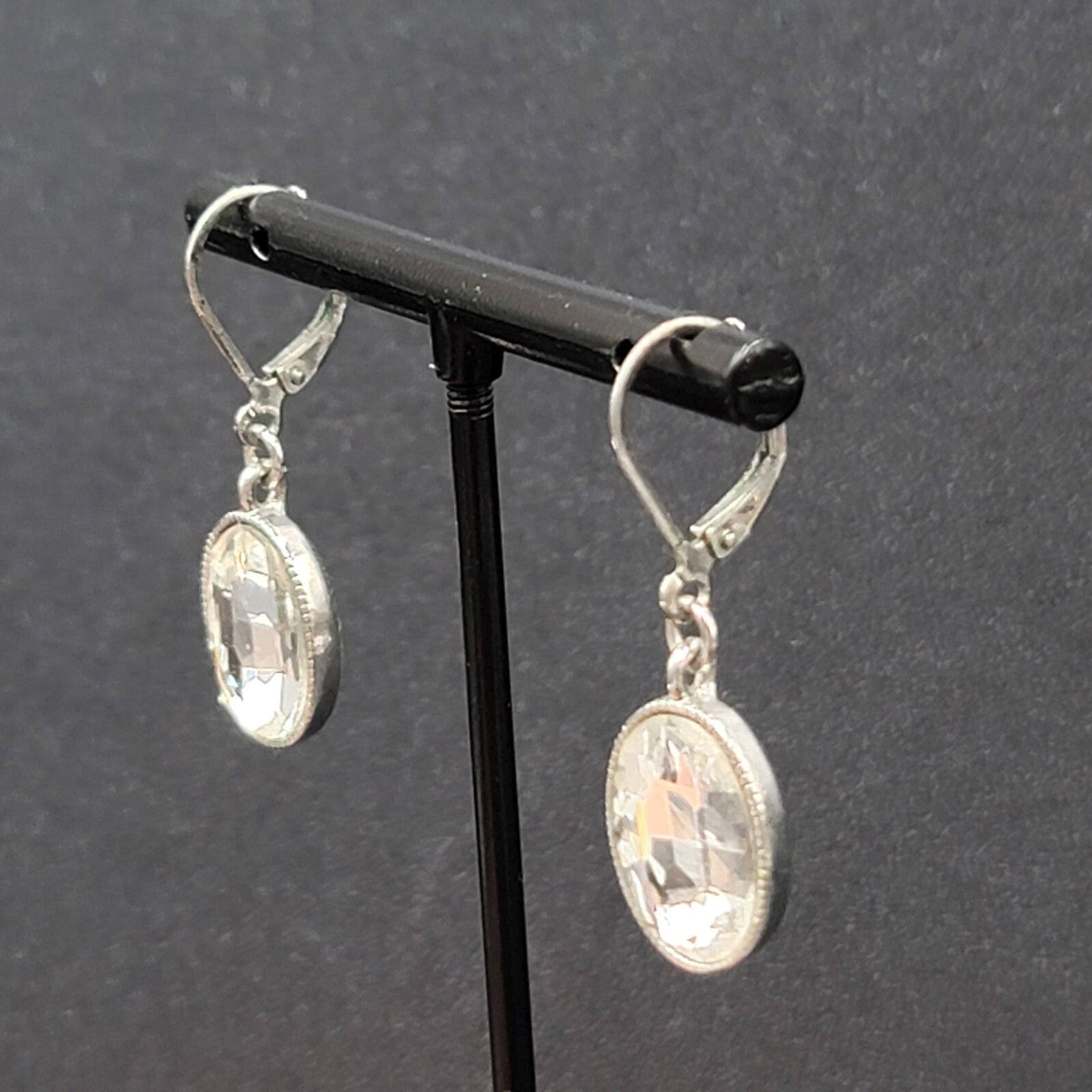 Pierced Earrings Silver tone Faceted Oval Glass Signed Dangle 3/4"
