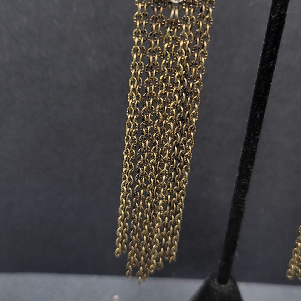 Pierced Earrings Bronze tone Sparkle Rhinestone Chain Dangle Long 4.5"