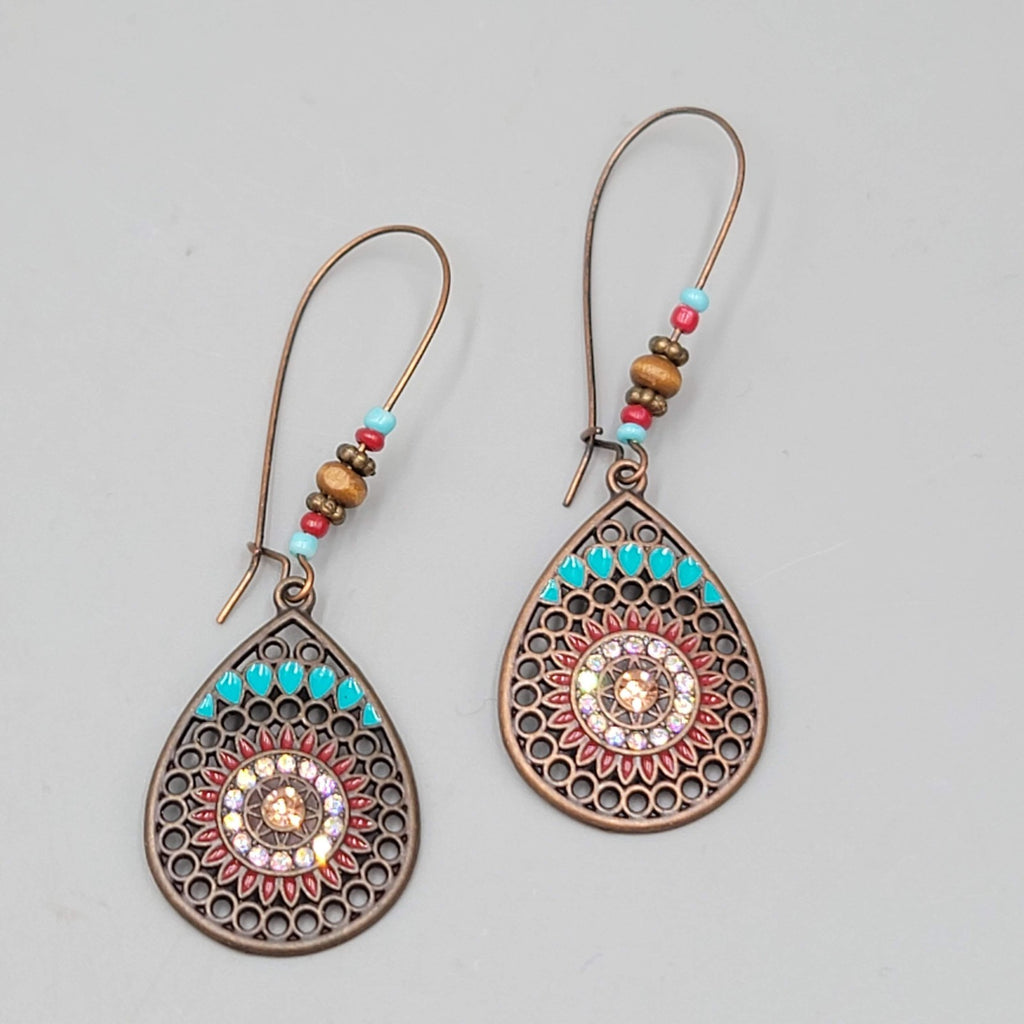 Boho Teardrop Medallion Pierced Earrings Bronze tone Dangle 2.75 in