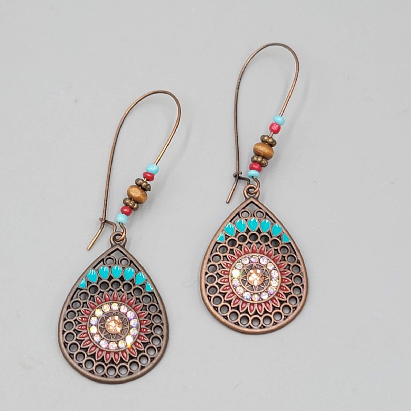 Boho Teardrop Medallion Pierced Earrings Bronze tone Dangle 2.75 in