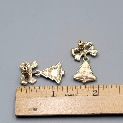 Christmas Tree Enamel Rhinestone Pierced Earrings Gold tone Dangle 1"