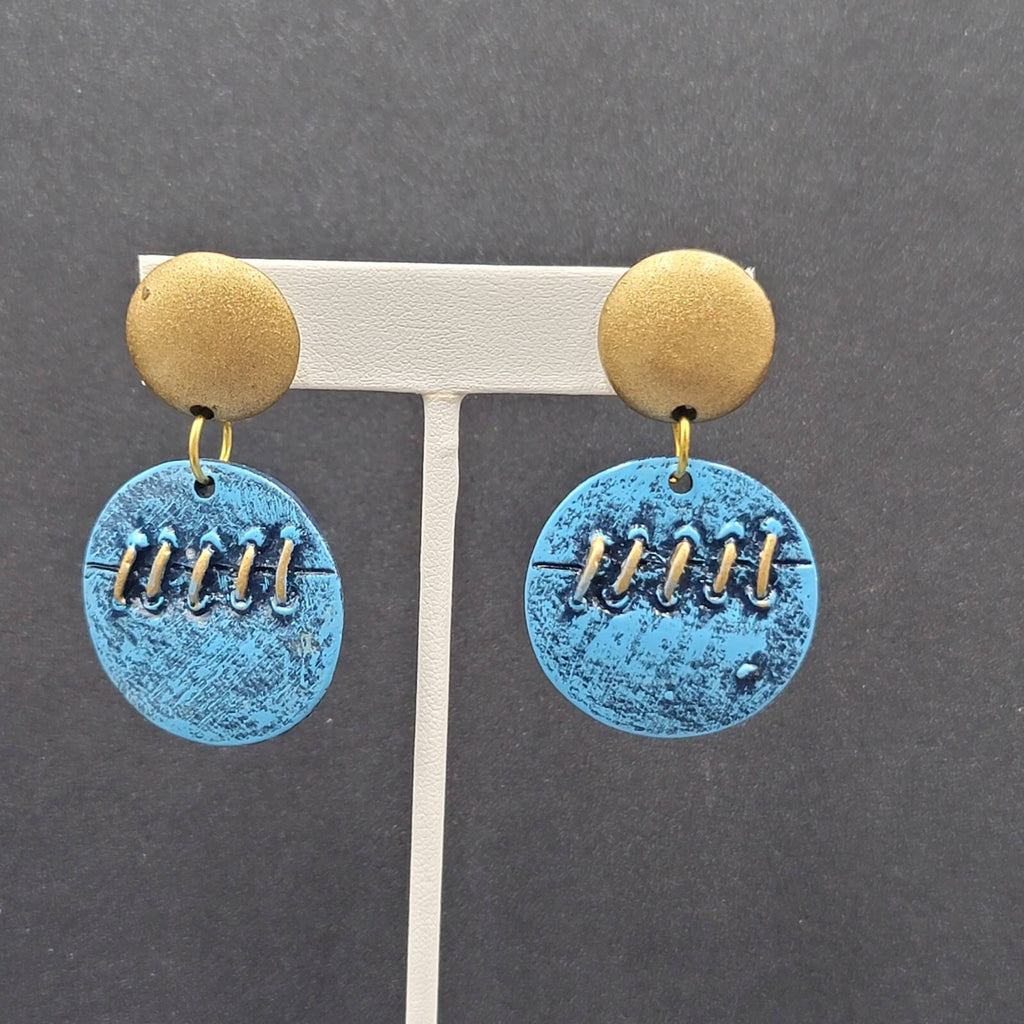 Vintage Pierced Earrings Gold tone Blue Dangle Statement 2"