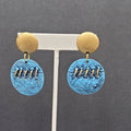 Vintage Pierced Earrings Gold tone Blue Dangle Statement 2"