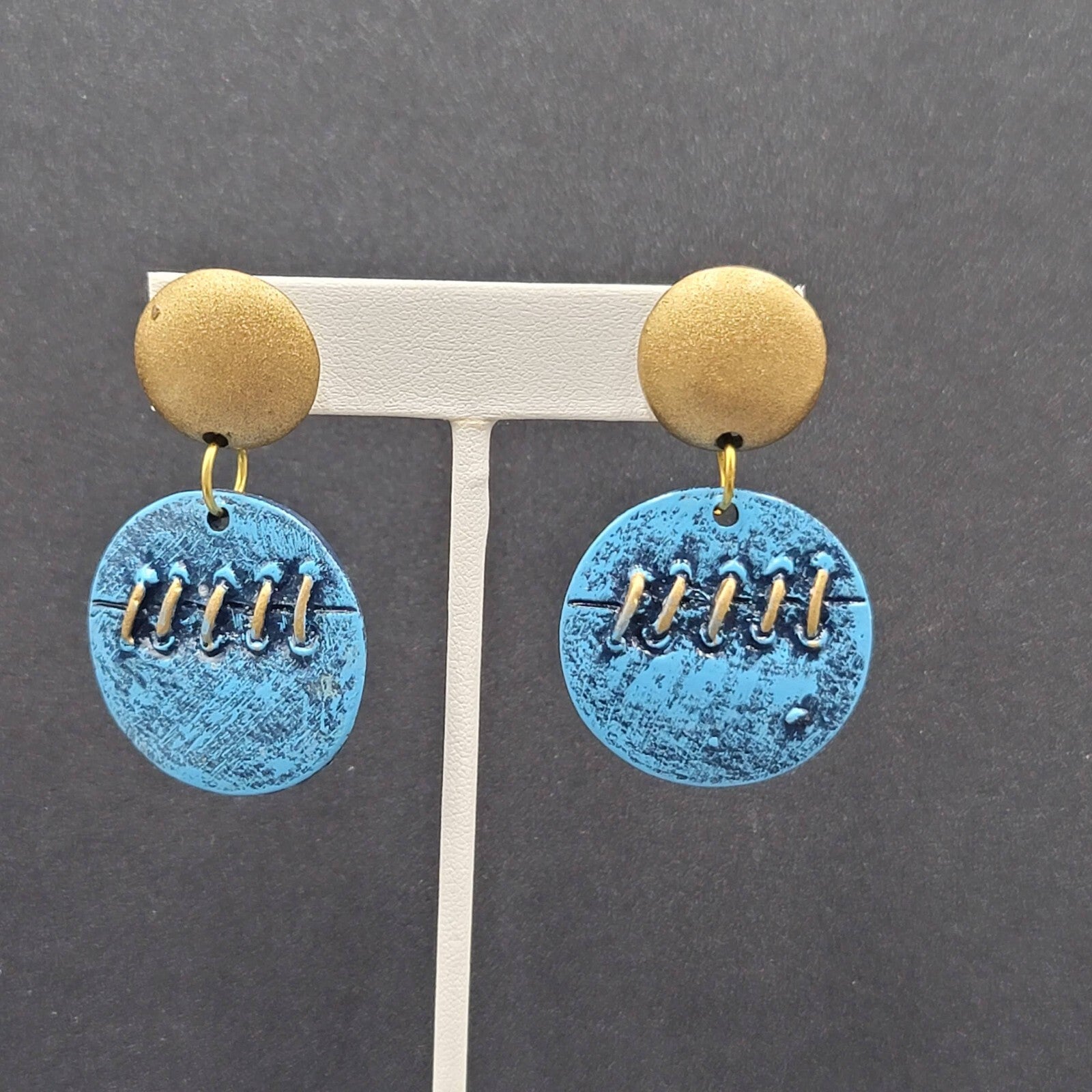 Vintage Pierced Earrings Gold tone Blue Dangle Statement 2"