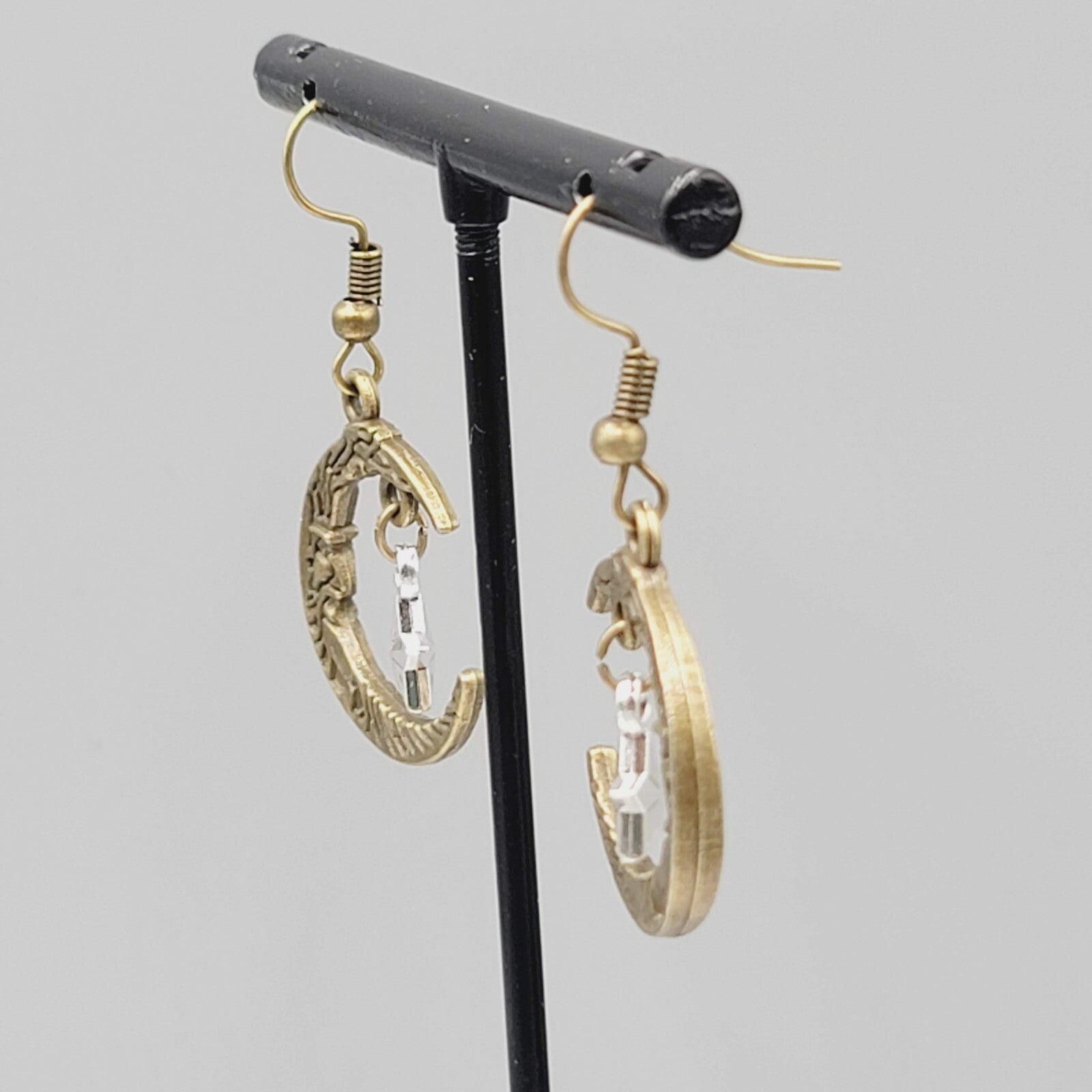 New Man in the Crescent Moon Pierced Earrings Bronze tone Silver Star Dangle 1"