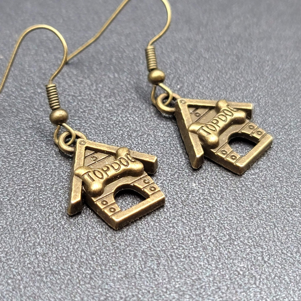 Top Dog Doghouse Pierced Earrings Bronze tone Dangle 3/4"