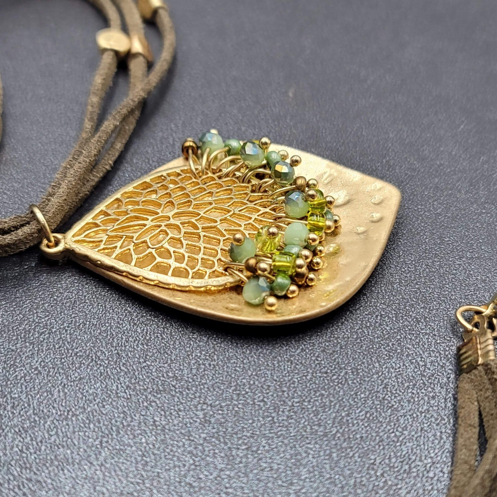 Long Statement Necklace Green Suede Triple Cord Gold tone Pendant 54"
