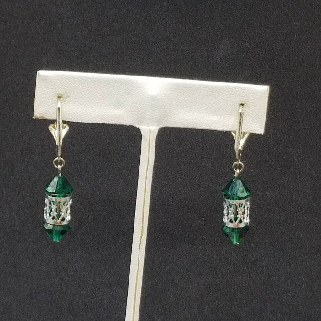 Pierced Earrings Silver tone Open Work Green Faceted Crystal Dangle 7/8"