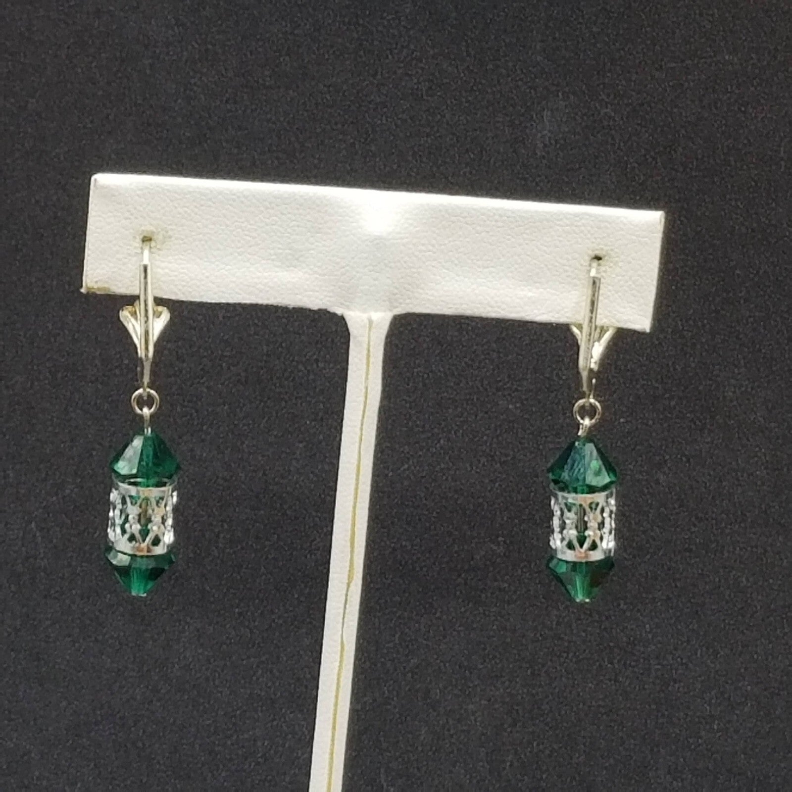 Pierced Earrings Silver tone Open Work Green Faceted Crystal Dangle 7/8"