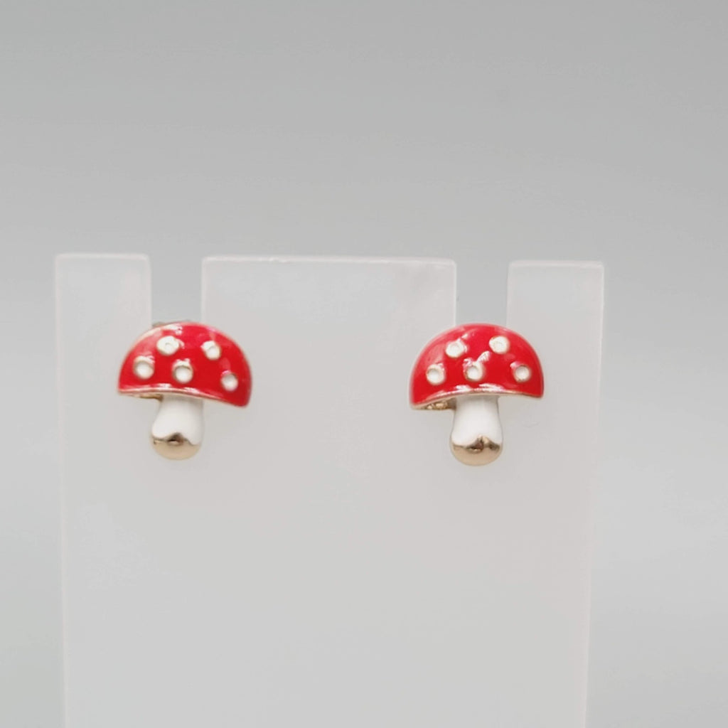 Mushroom Stud Pierced Earrings Enamel Red White Dots Gold tone 1/2"