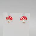 Mushroom Stud Pierced Earrings Enamel Red White Dots Gold tone 1/2"