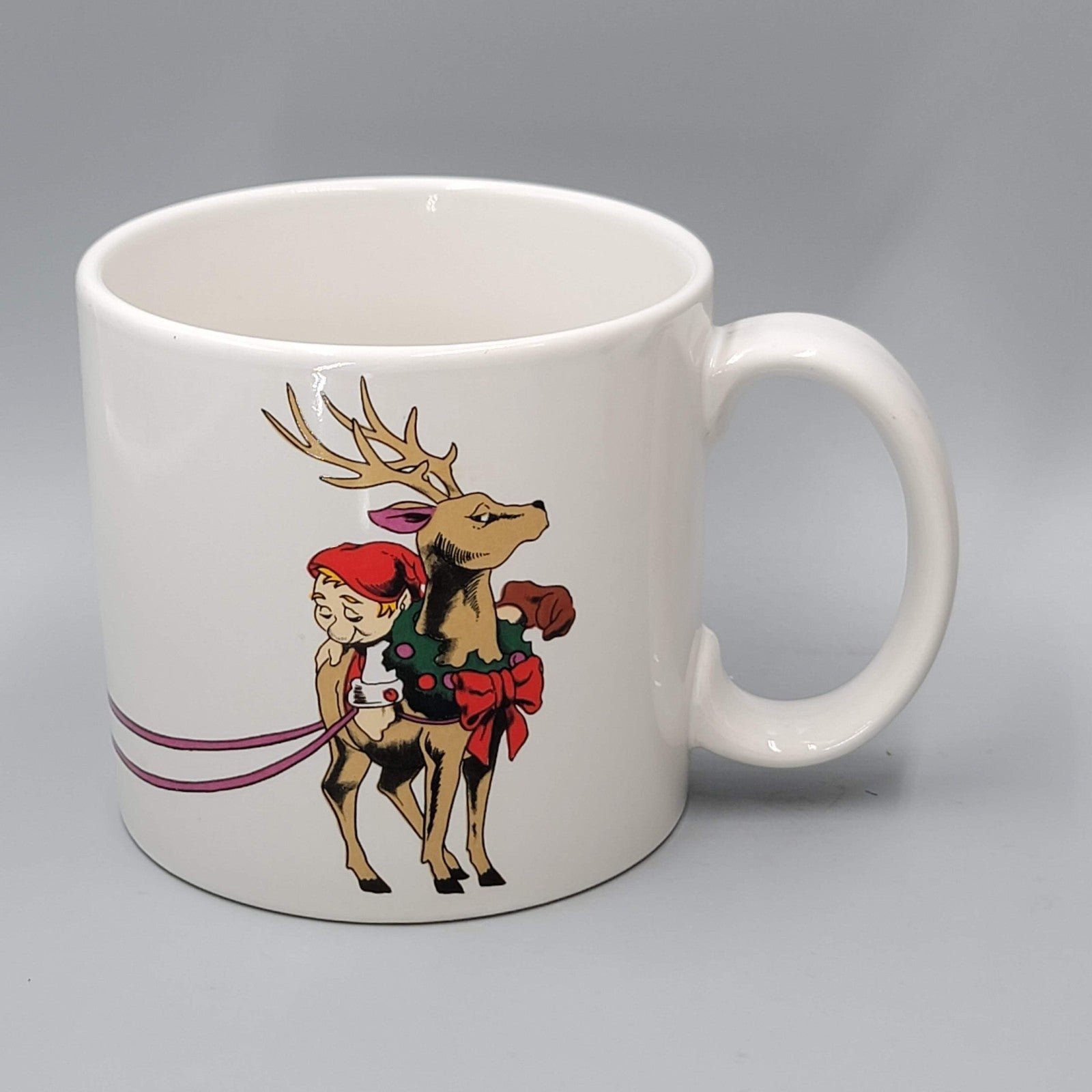 Vintage Inarco Christmas Elves Reindeer Coffee Mug 1988 Korea
