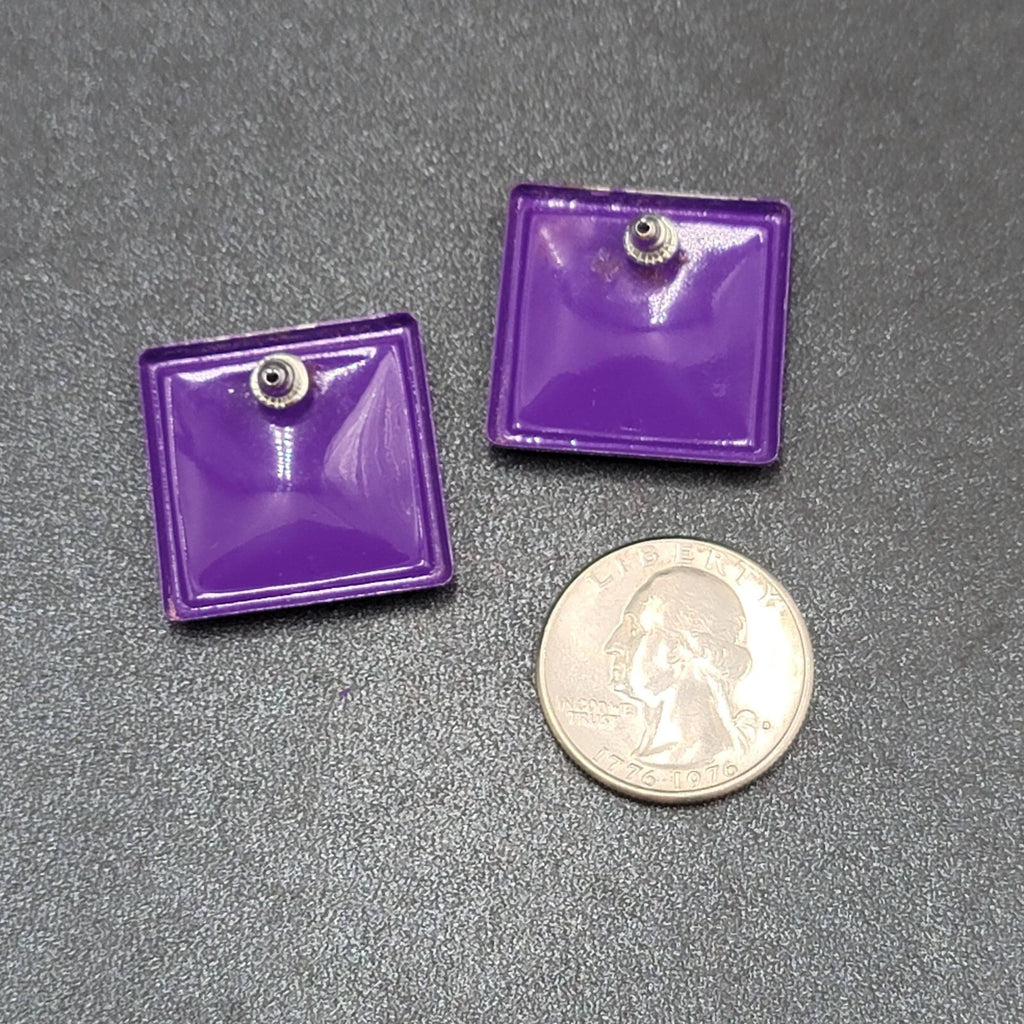 Vintage Pierced Earrings Purple Enamel Square 1"