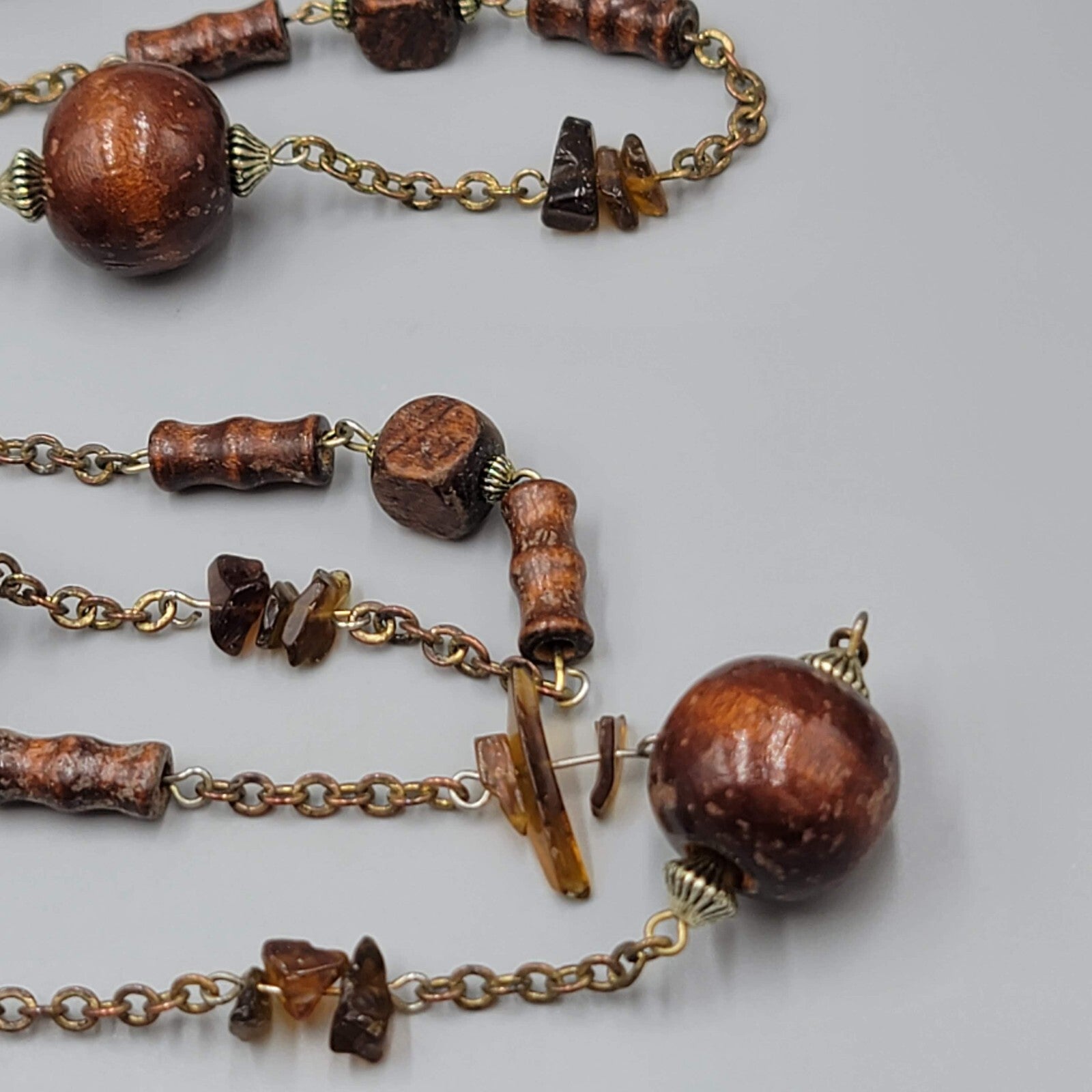 Vintage Wood Bead Necklace Amber Chip Extra Long 72"