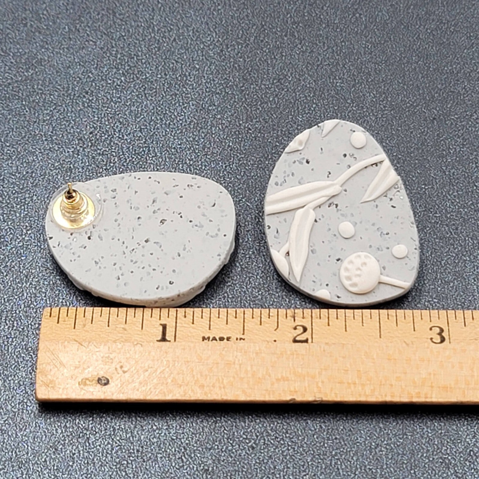 Pierced Earrings Gray White Polymer Clay Drop 1.5"