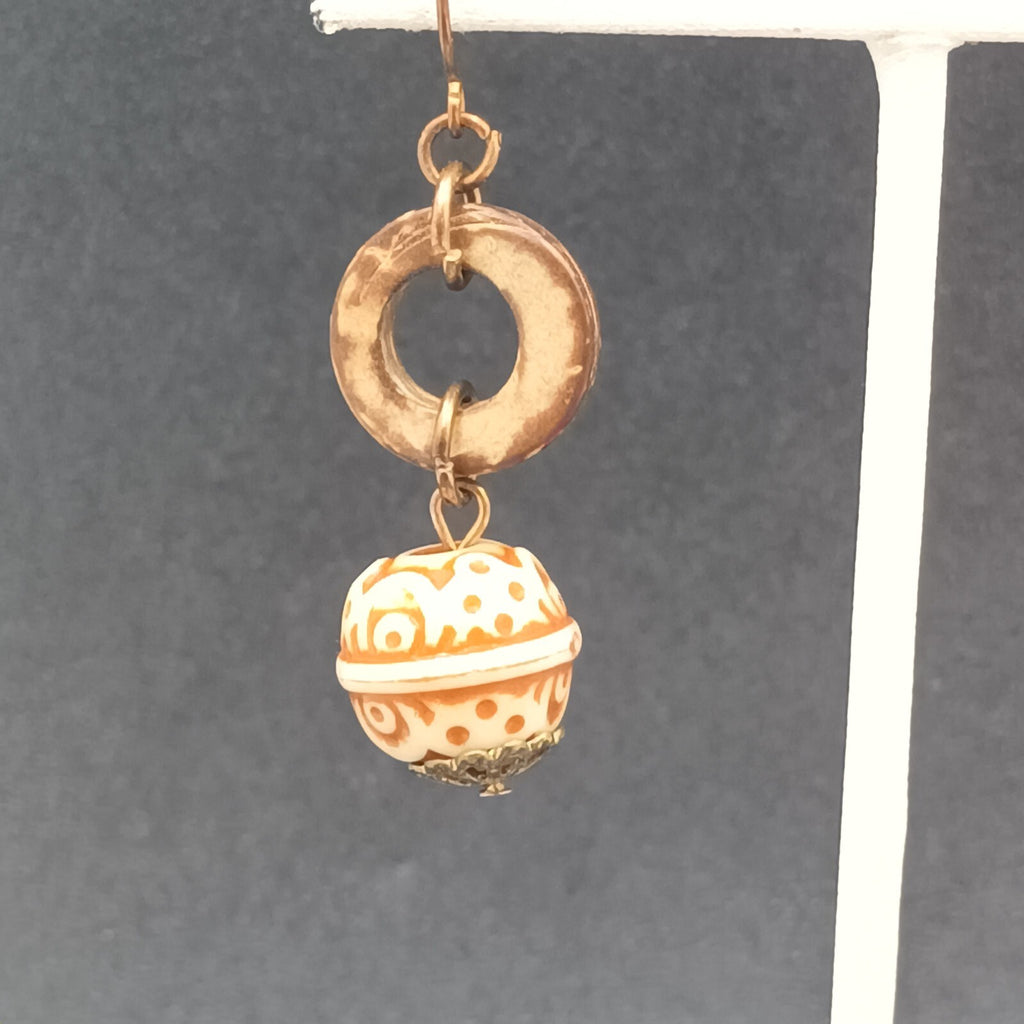 Pierced Earrings Carved Coconut Shell Copper tone Hook Statement Dangle 1 3/8"