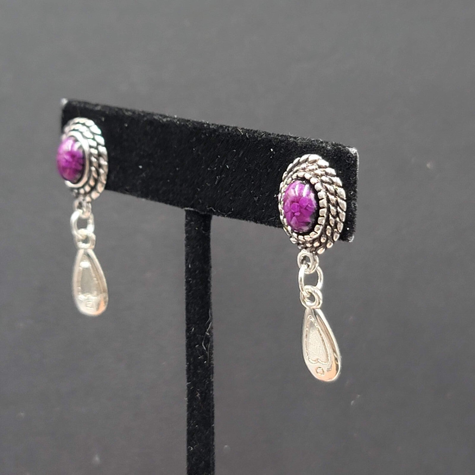 Vintage Pierced Earrings Silver tone Dangle Purple Cabochon 1.25"