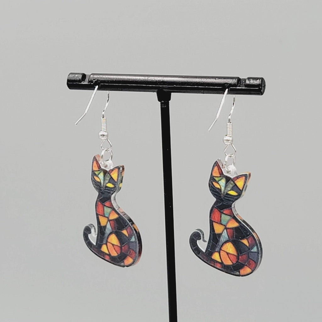 Black Kitty Cat Pierced Earrings Stained Glass Look Acrylic Dangle 1 3/8"