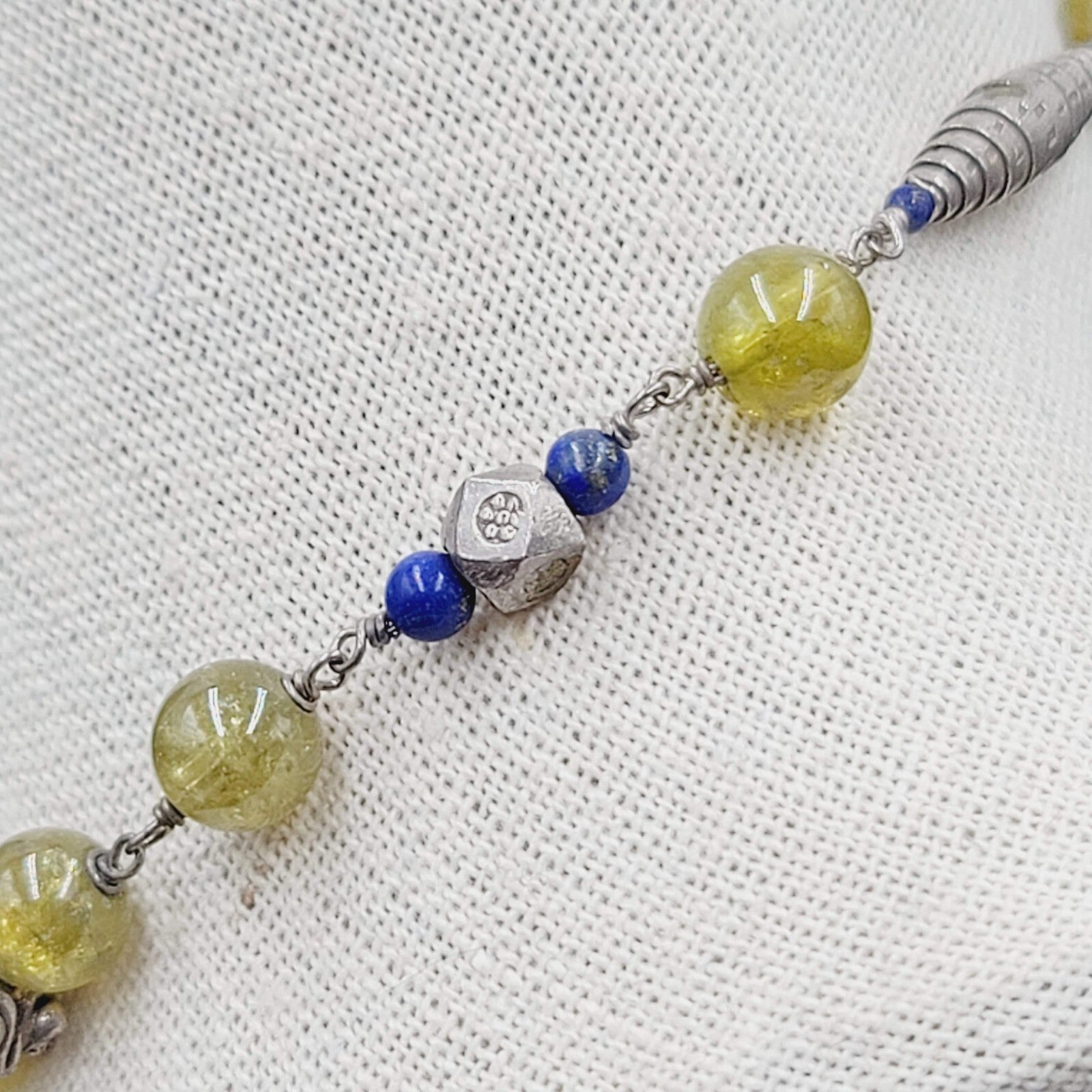 Sterling Silver Necklace Green Glass Blue Lapis Beads 18"-20"