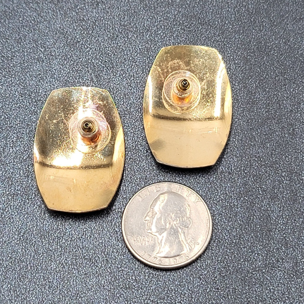 Vintage Pierced Earrings Peach Tan Gray Enamel Rectangle Drop 1 3/8"