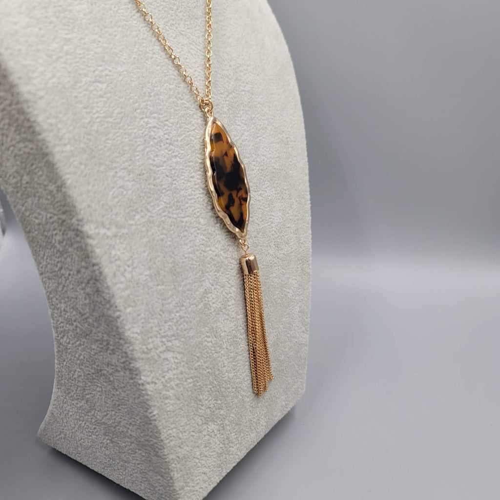 Statement Tassel Pendant Acrylic Tortoise Necklace Gold tone 28"