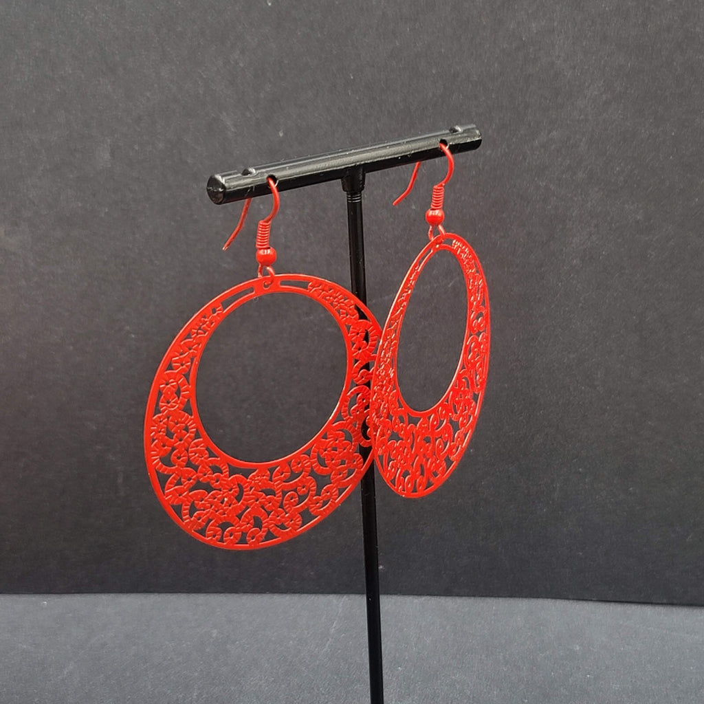 Pierced Earrings Red Enamel Filagree Statement Hoops 2"
