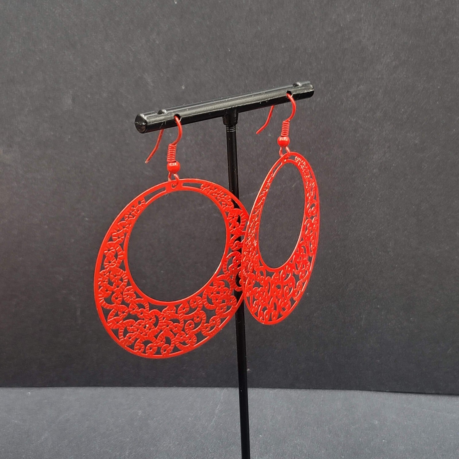 Pierced Earrings Red Enamel Filagree Statement Hoops 2"