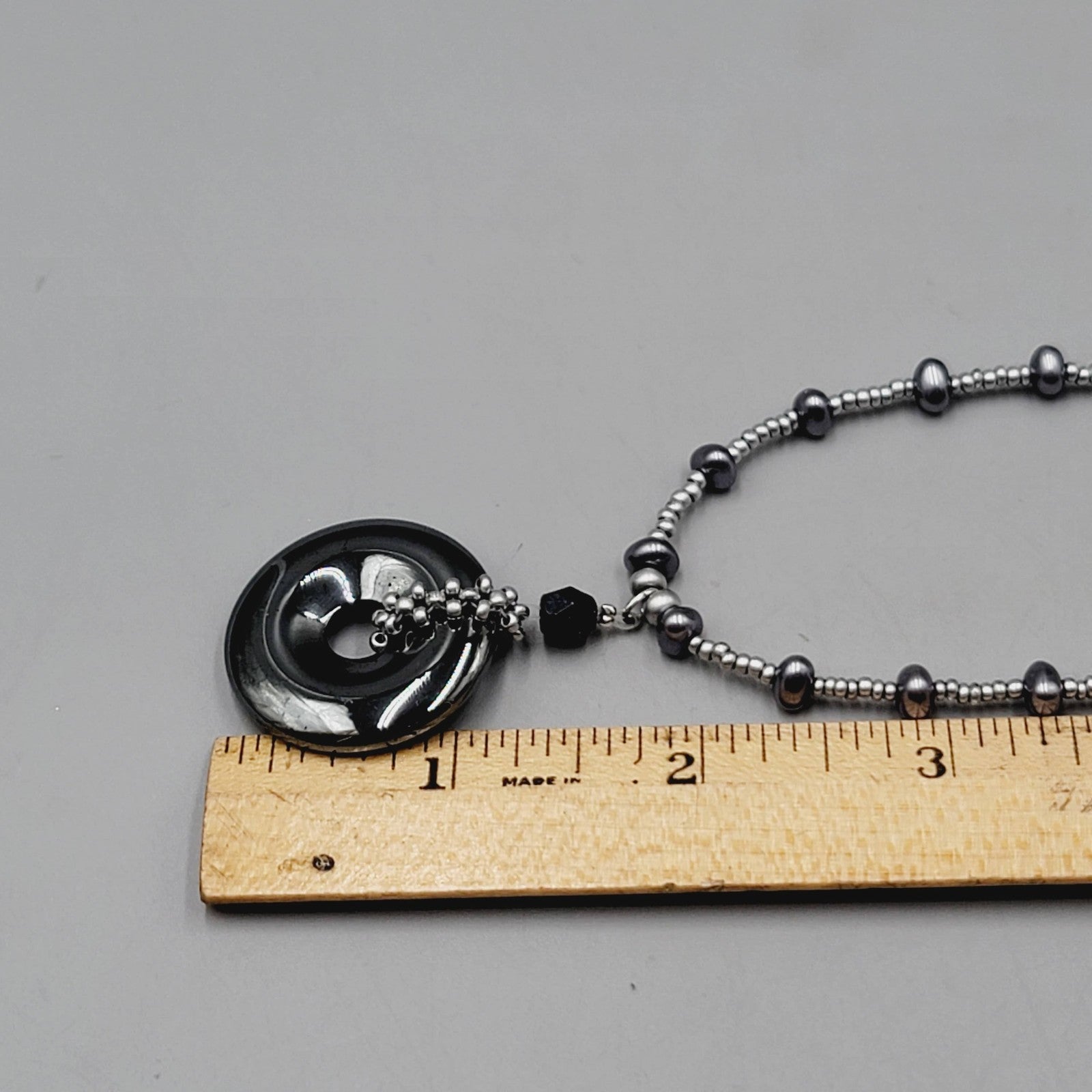Black Hematite Beaded Necklace Silver Tone Circle Pendant Adjustable 18 Inch