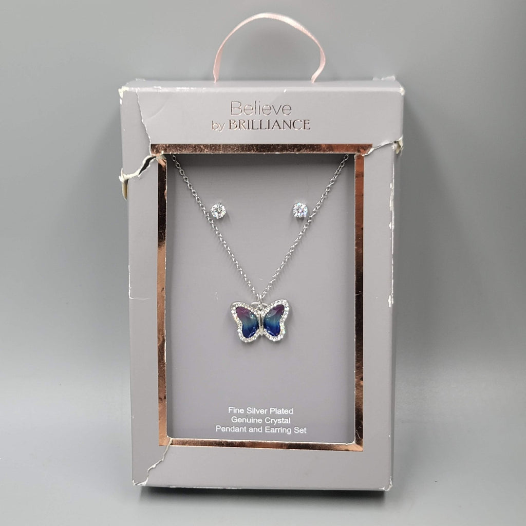 Believe by Brilliance Crystal Silver Plated Butterfly Necklace & Earring Set NWT