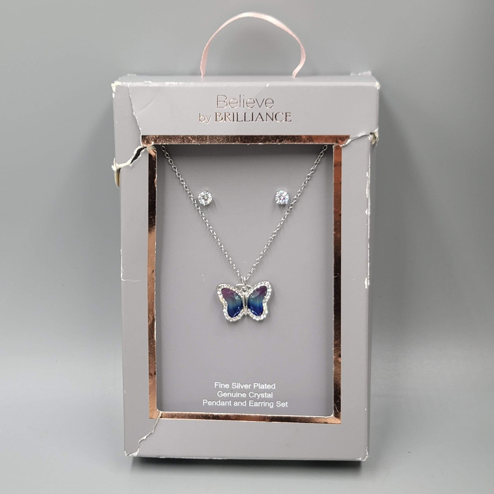Believe by Brilliance Crystal Silver Plated Butterfly Necklace & Earring Set NWT
