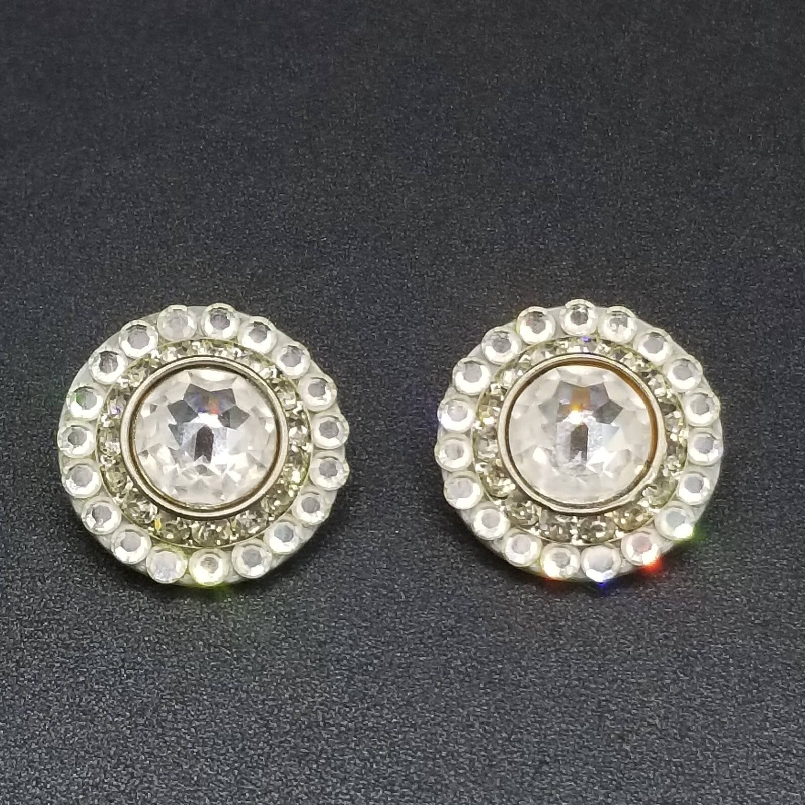 Vintage Clip on Earrings Silver tone Faceted Crystal Button Style Stud 1 1/8"