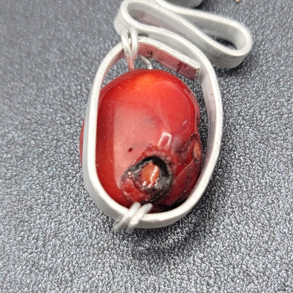 Artisan Pierced Earrings Large Coral Bead Silver tone Dangle 2"