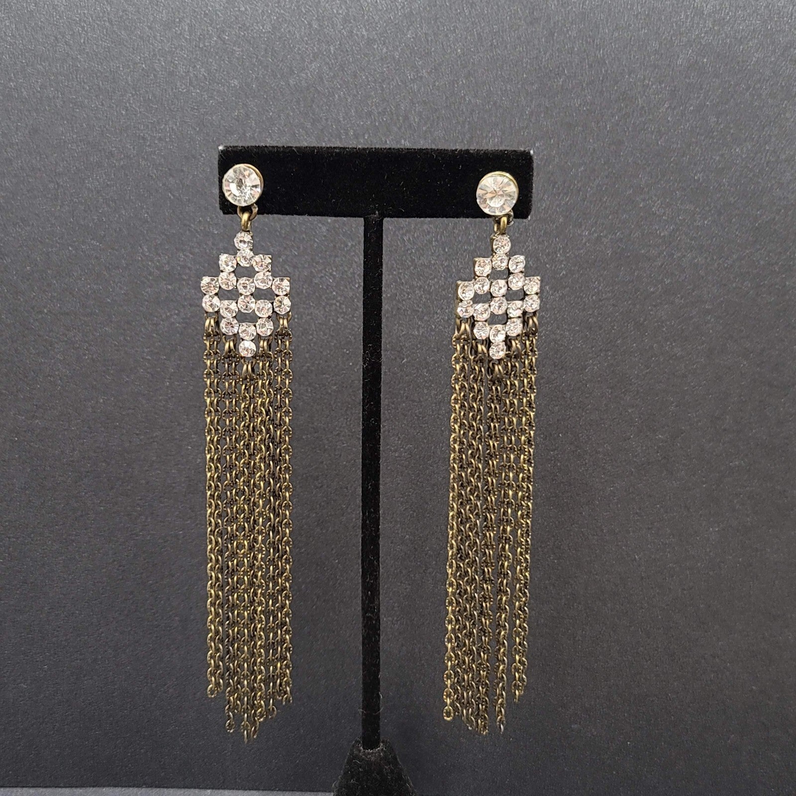 Pierced Earrings Bronze tone Sparkle Rhinestone Chain Dangle Long 4.5"