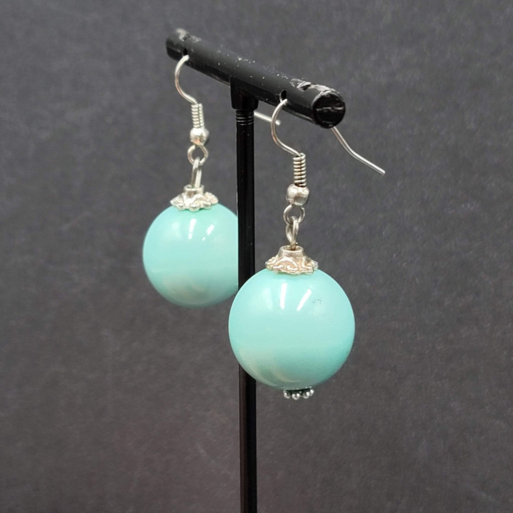 Pierced Earrings Silver tone Baby Blue Round Bead Dangle 1"