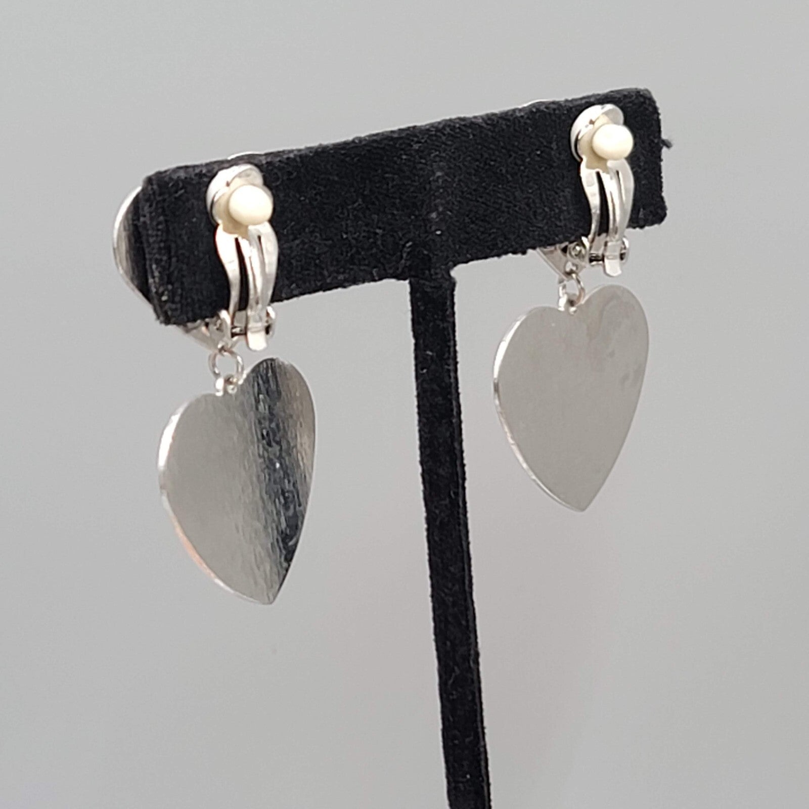 Double Heart Clip on Earrings Textured Silver tone Dangle 1 5/8"