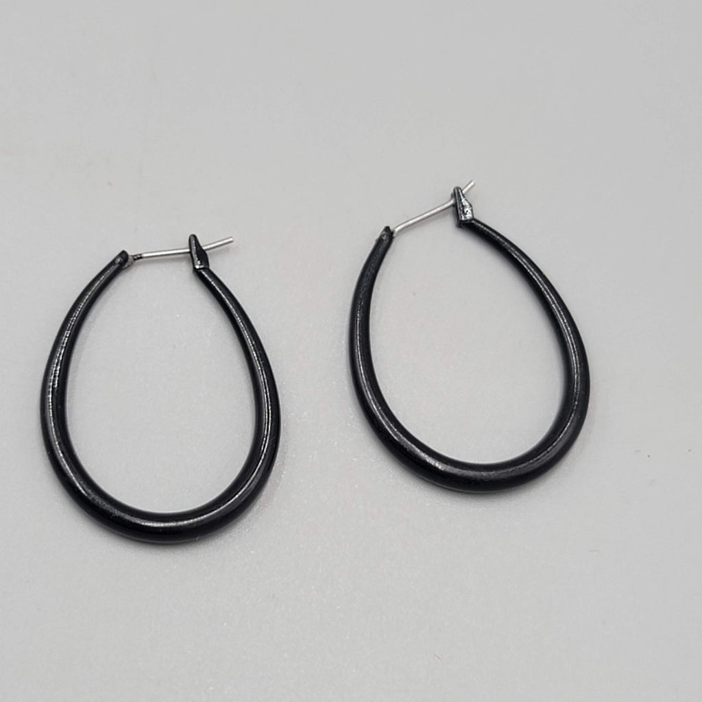 Black Oval Hoops Pierced Earrings Enamel 1 3/8 in