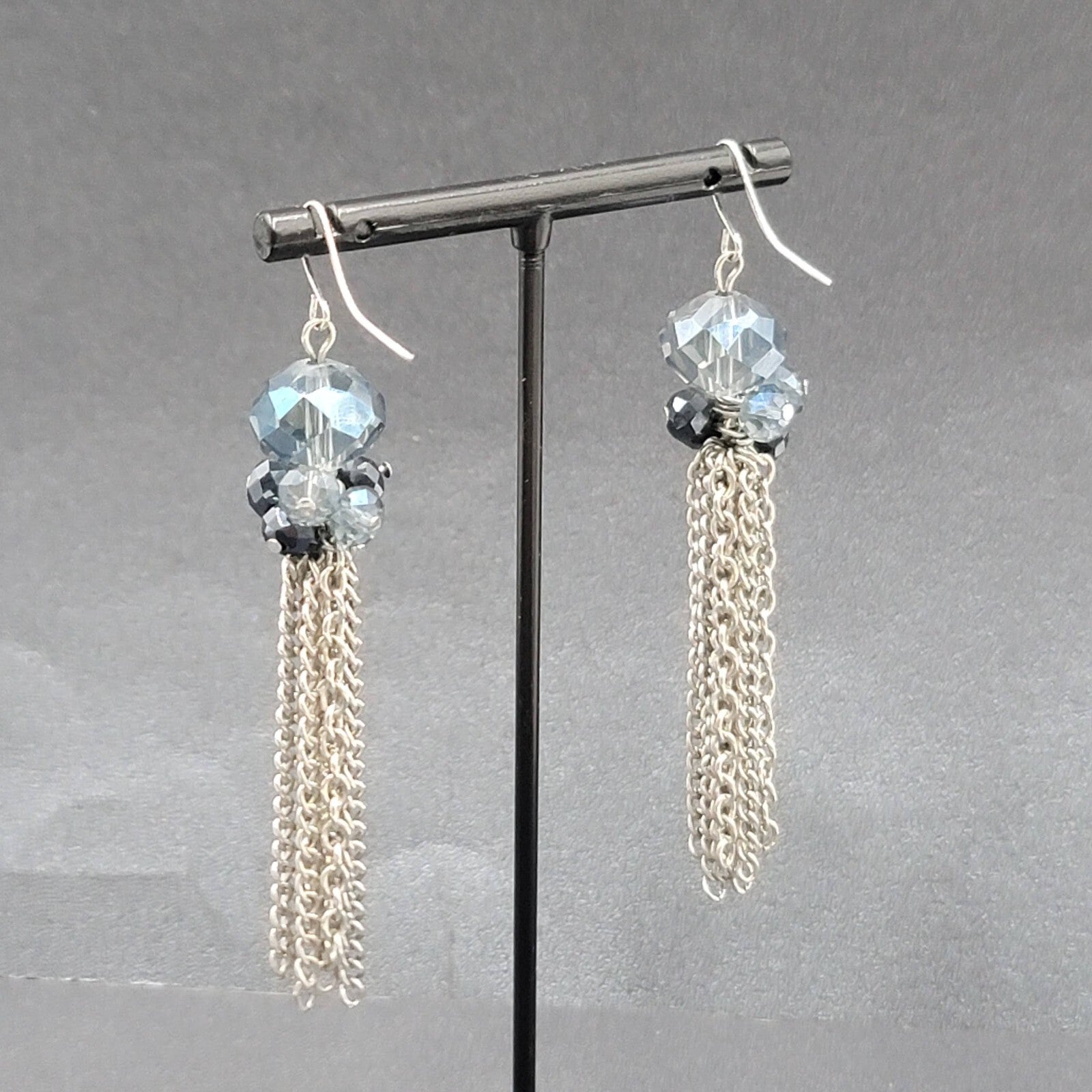 Pierced Earrings Silver tone Blue Faceted Glass Bead 3"