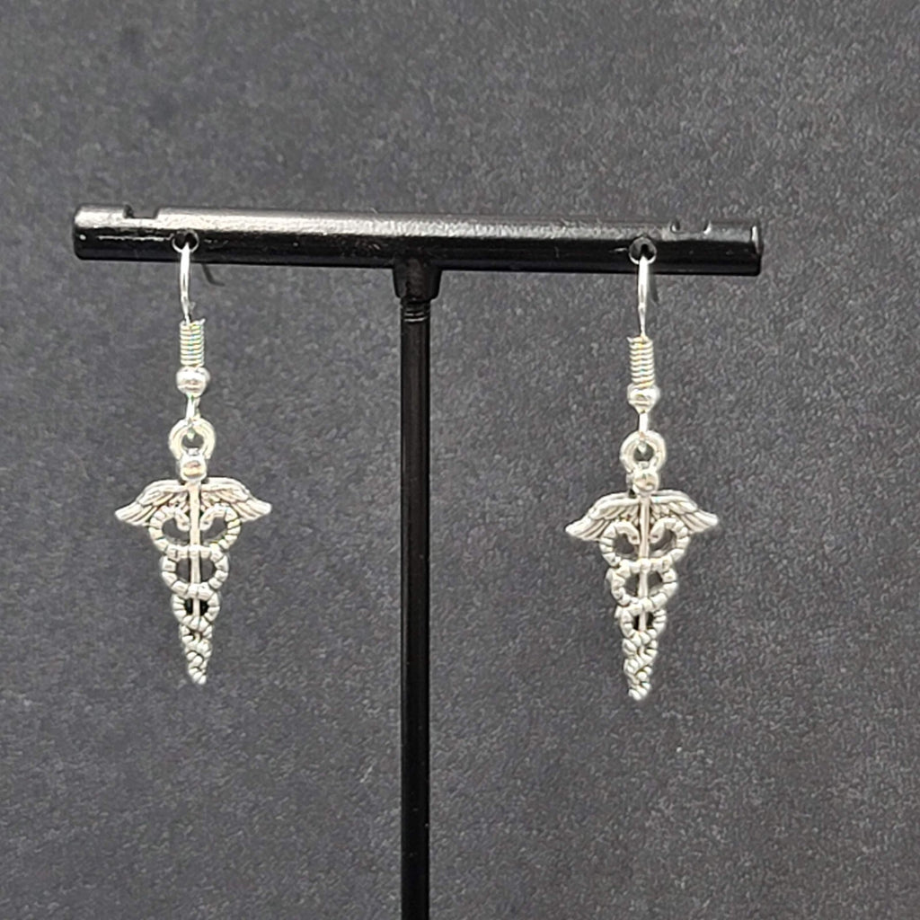  Caduceus Pierced Earrings Silver tone Medical Dangle 1"