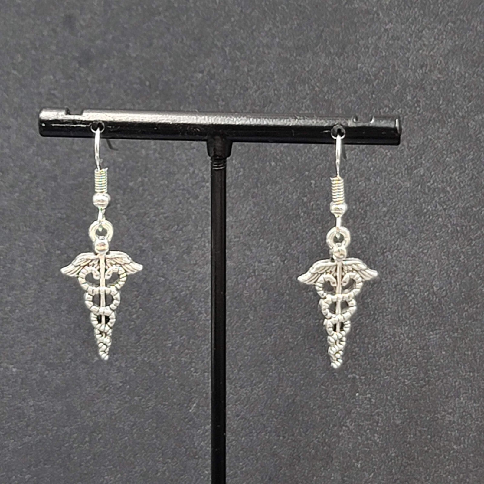  Caduceus Pierced Earrings Silver tone Medical Dangle 1"