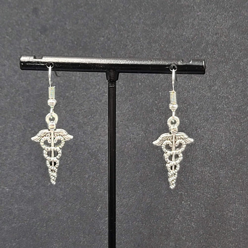  Caduceus Pierced Earrings Silver tone Medical Dangle 1"