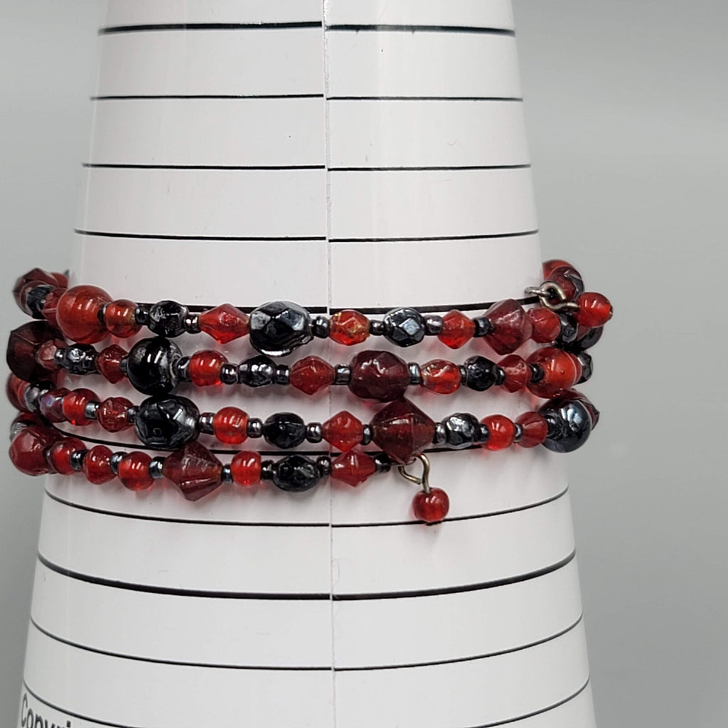 Red Black Glass Bead Bracelet Memory Wire 