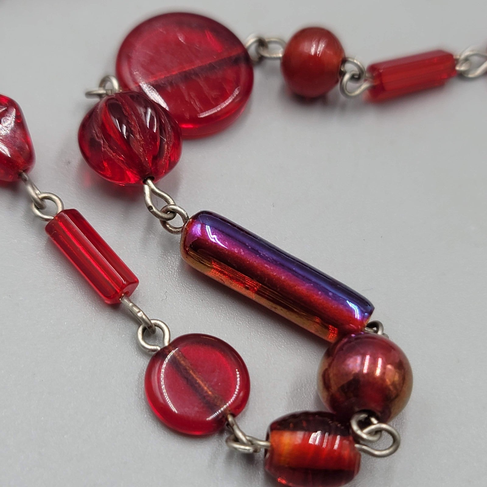 Ann Pedan Red Art Glass Bead Necklace Silver tone Long 26 in