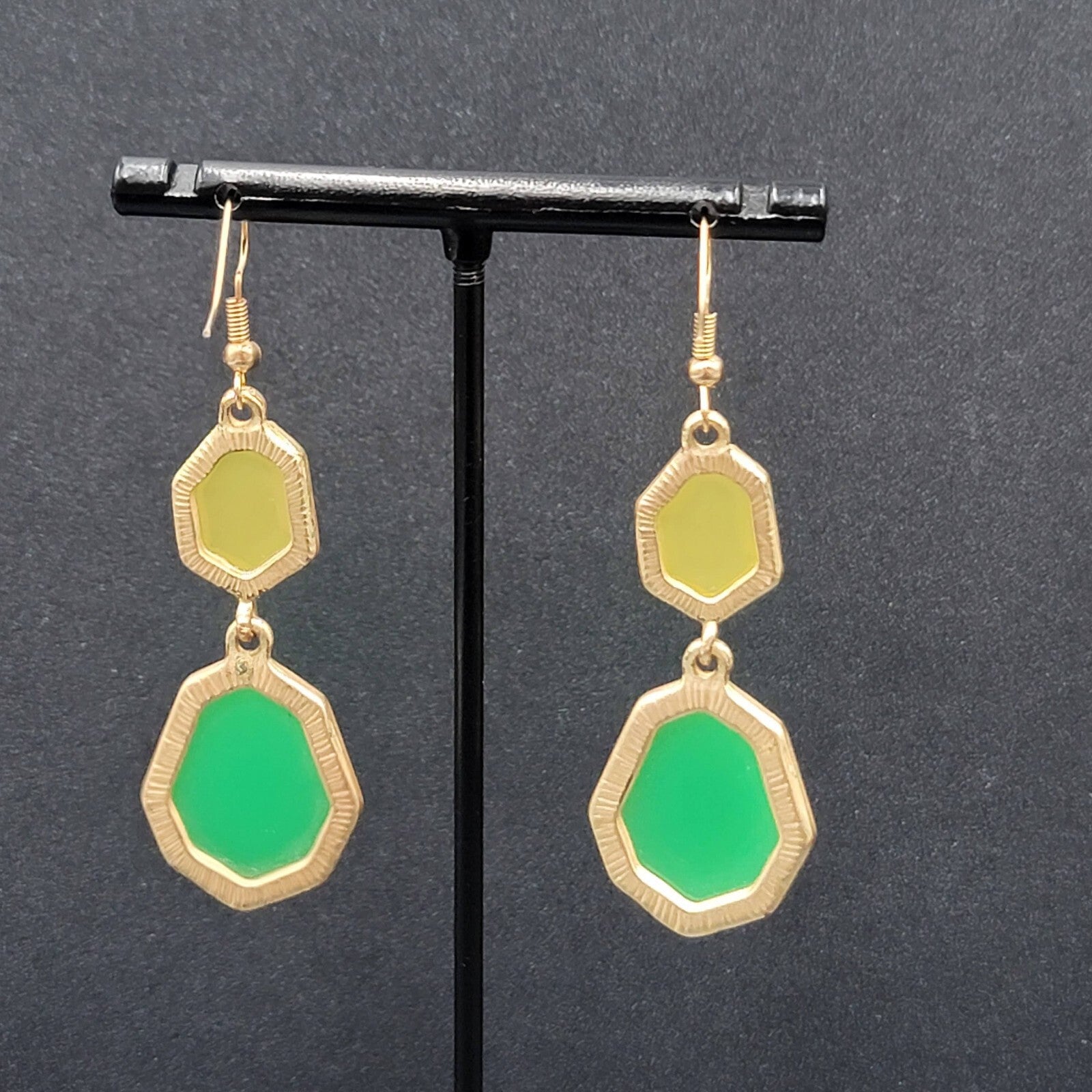 Pierced Earrings Gold tone Green Yellow Acrylic Dangle 1.75"